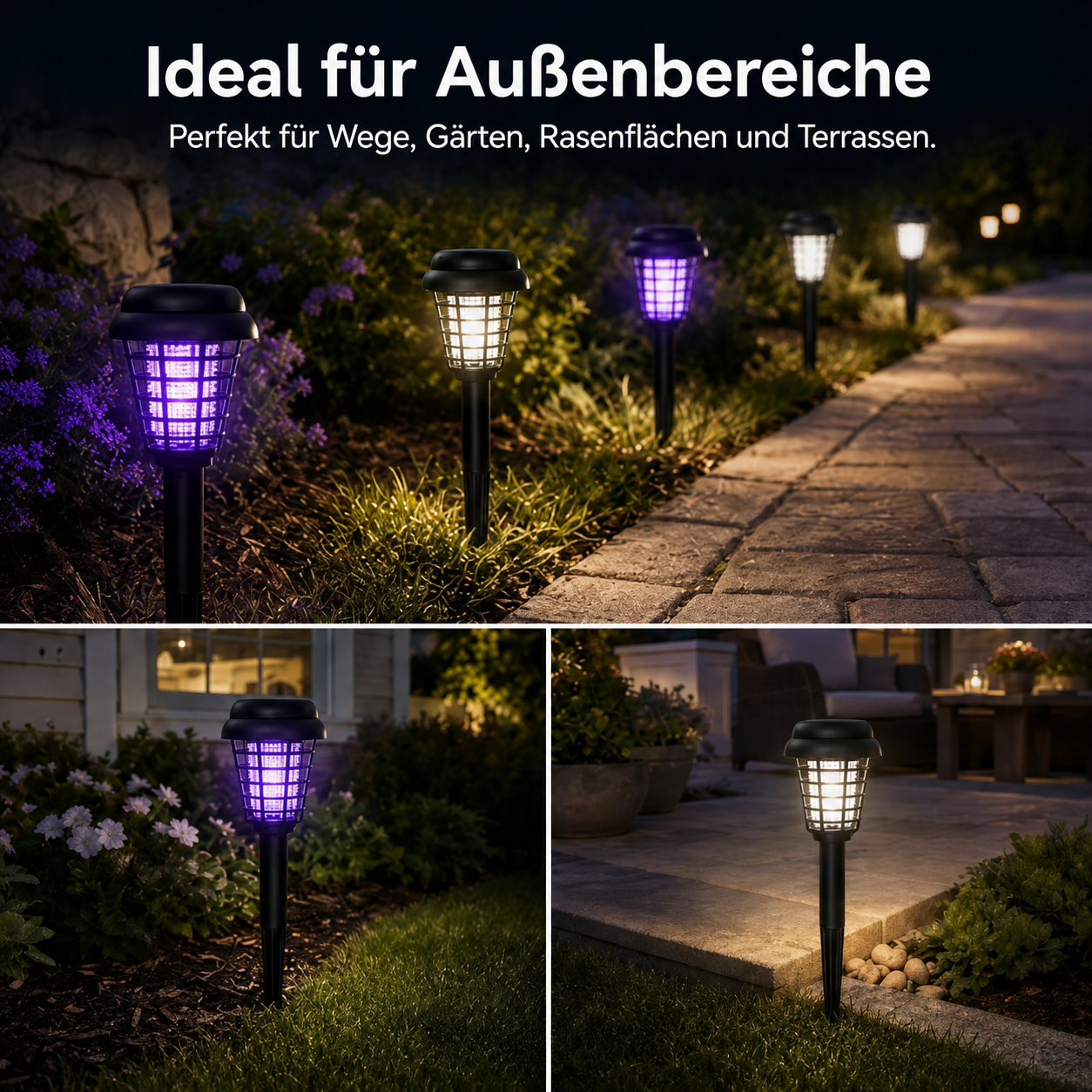 Solarbetriebene Beleuchtung und Mückenschutz in einem