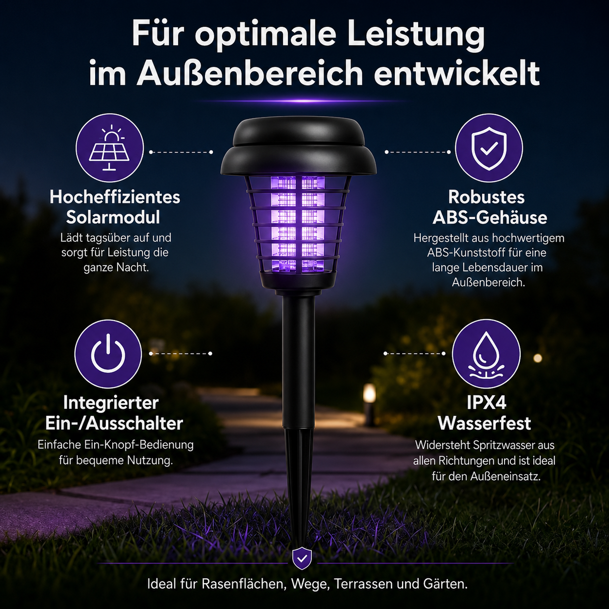 Solarbetriebene Beleuchtung und Mückenschutz in einem