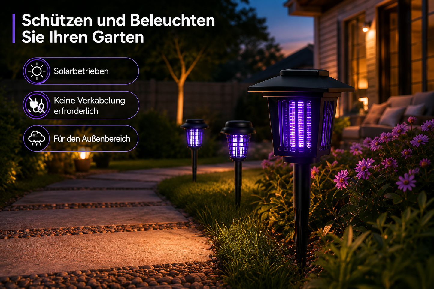 Solarbetriebene Beleuchtung und Mückenschutz in einem