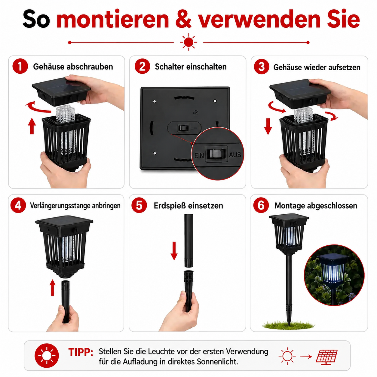 Solarbetriebene Beleuchtung und Mückenschutz in einem