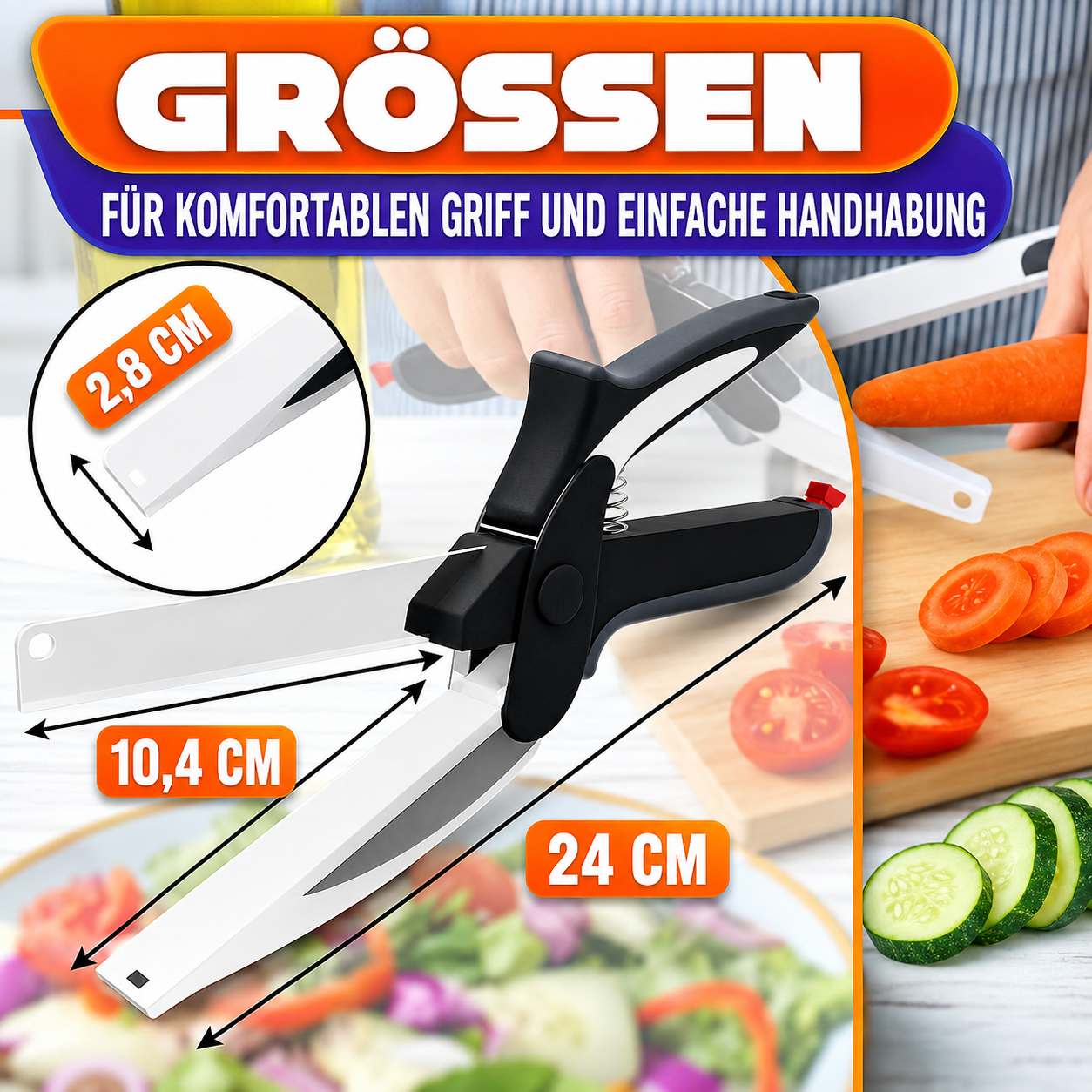 2-in-1 Küchenschere mit Schneidebrett, 24 cm, abnehmbare Lebensmittelschere aus Edelstahl, Gemüseschneider mit Sicherheitsverschluss, ideal für Obst, Gemüse und Käse