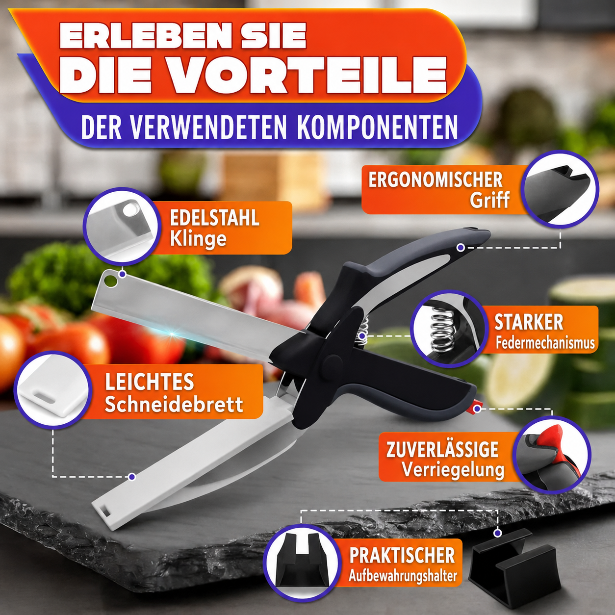 2-in-1 Küchenschere mit Schneidebrett, 24 cm, abnehmbare Lebensmittelschere aus Edelstahl, Gemüseschneider mit Sicherheitsverschluss, ideal für Obst, Gemüse und Käse