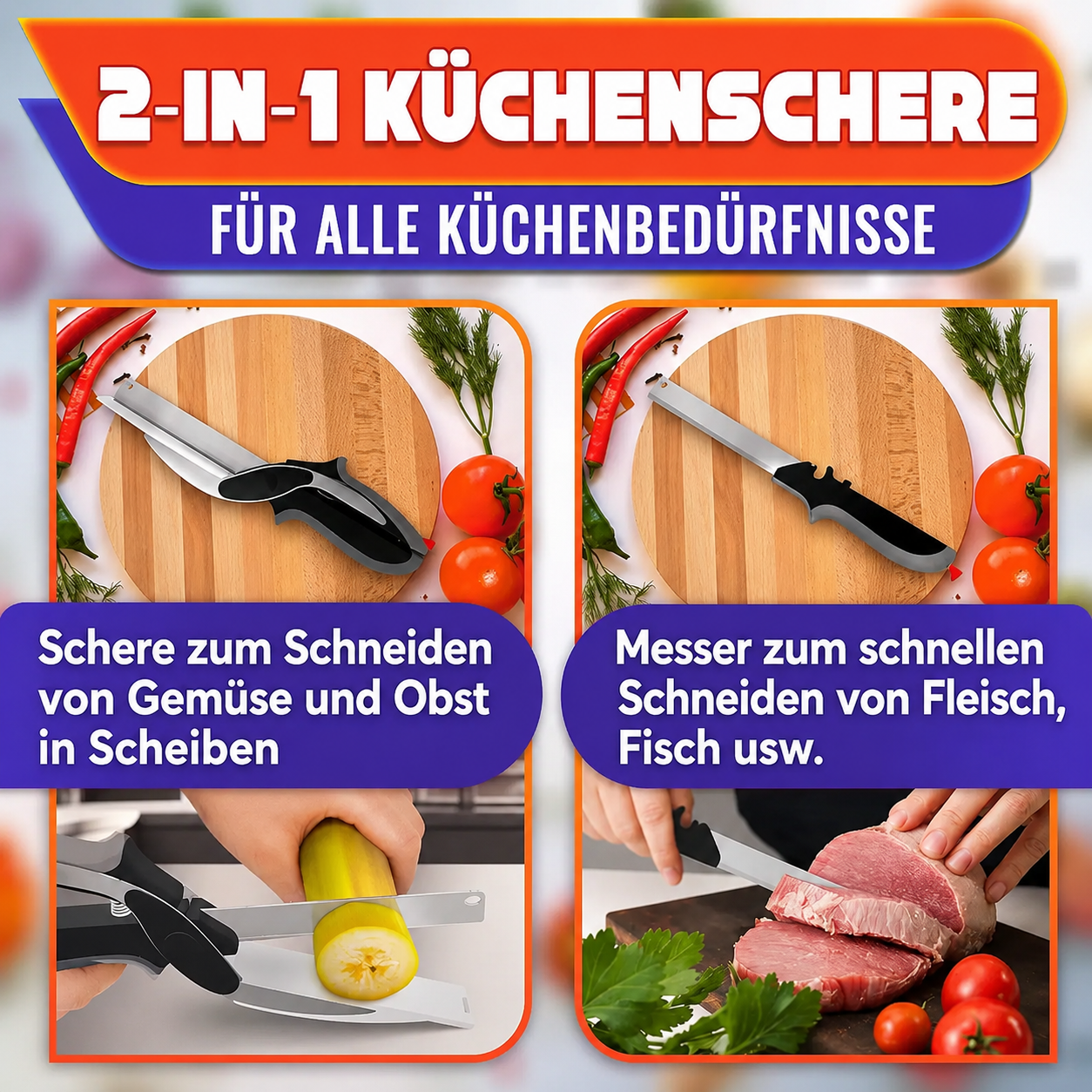 2-in-1 Küchenschere mit Schneidebrett, 24 cm, abnehmbare Lebensmittelschere aus Edelstahl, Gemüseschneider mit Sicherheitsverschluss, ideal für Obst, Gemüse und Käse