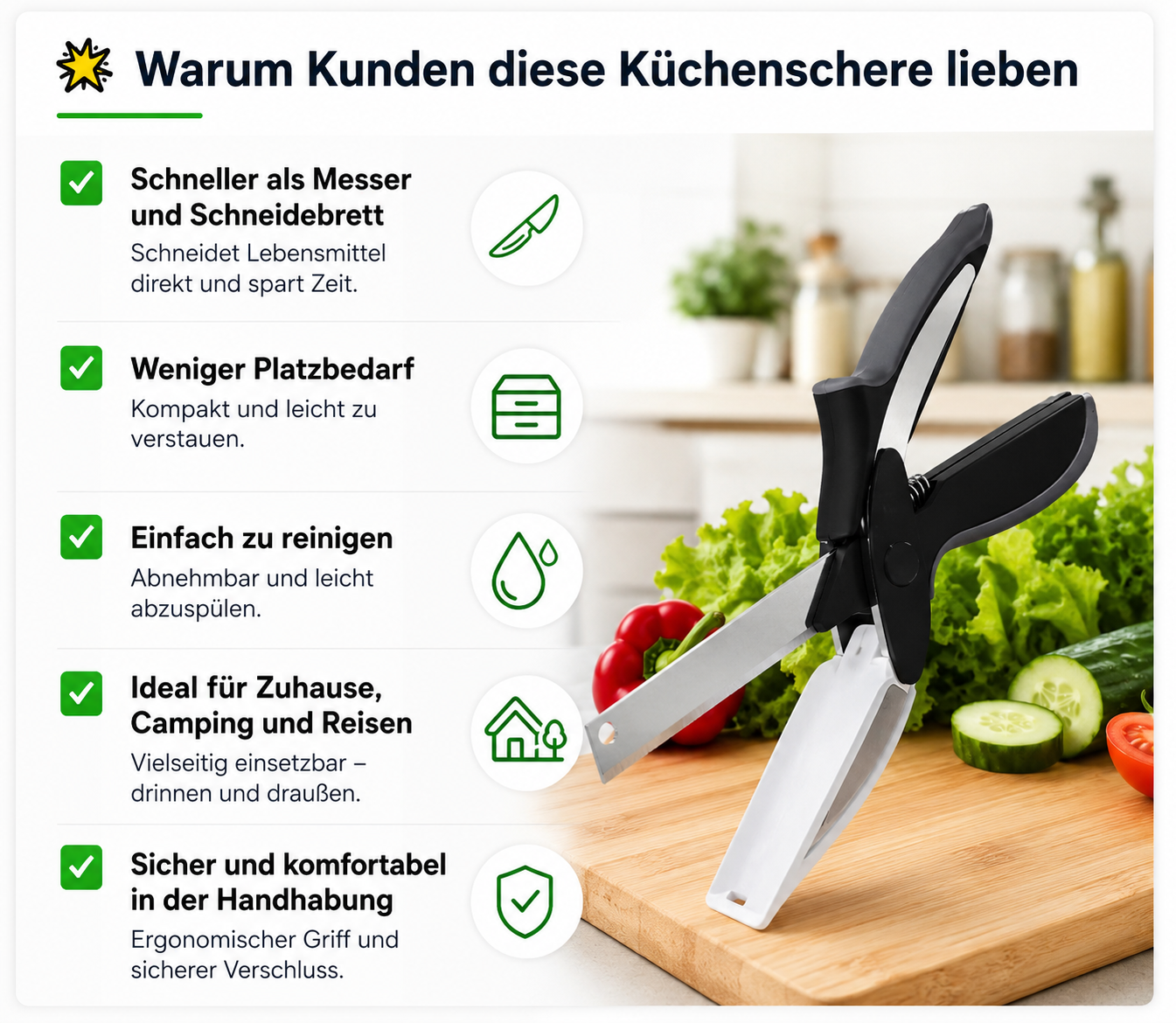 2-in-1 Küchenschere mit Schneidebrett, 24 cm, abnehmbare Lebensmittelschere aus Edelstahl, Gemüseschneider mit Sicherheitsverschluss, ideal für Obst, Gemüse und Käse