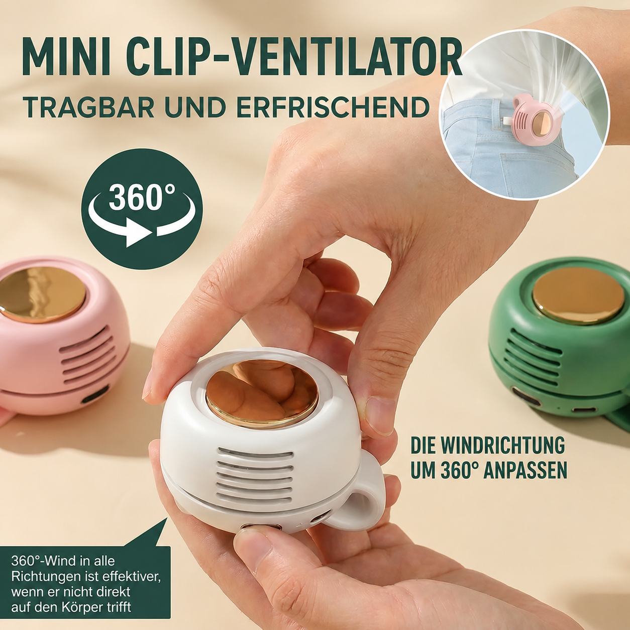 Tragbarer Bladeless Clip-Ventilator – Leiser Mini-USB-Ventilator mit 3 Geschwindigkeitsstufen, Wiederaufladbar, Verstellbar für Reisen, Büro, Sport und Outdoor-Aktivitäten