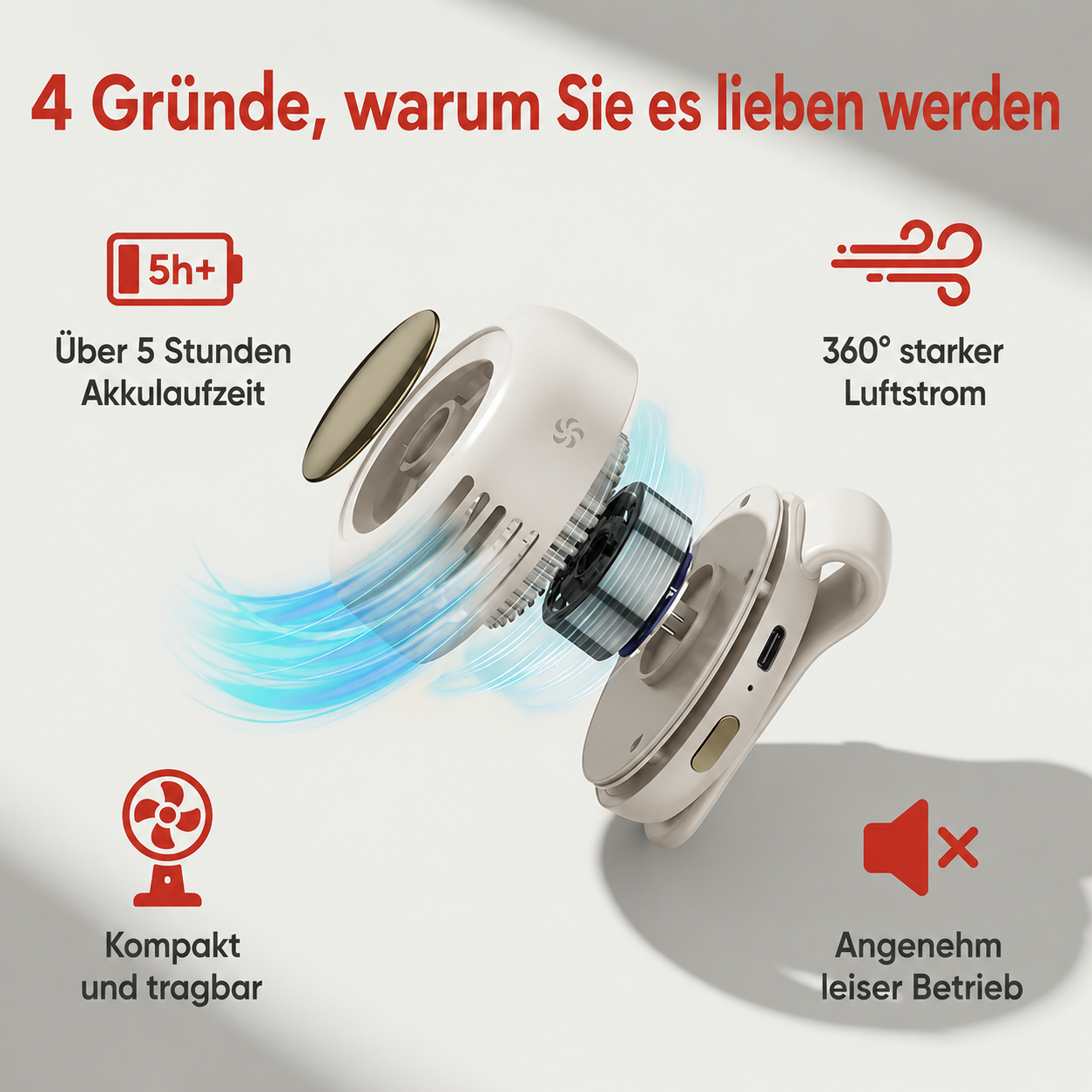 Tragbarer Bladeless Clip-Ventilator – Leiser Mini-USB-Ventilator mit 3 Geschwindigkeitsstufen, Wiederaufladbar, Verstellbar für Reisen, Büro, Sport und Outdoor-Aktivitäten